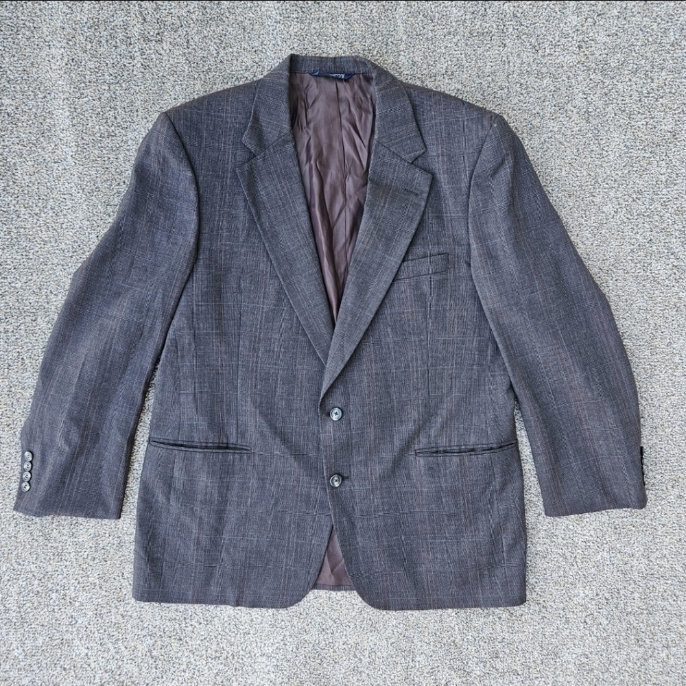 Vtg. Burberrys Plaid Blazer Dress Jacket Virgin Wool Brown Gray Mens Suit Large